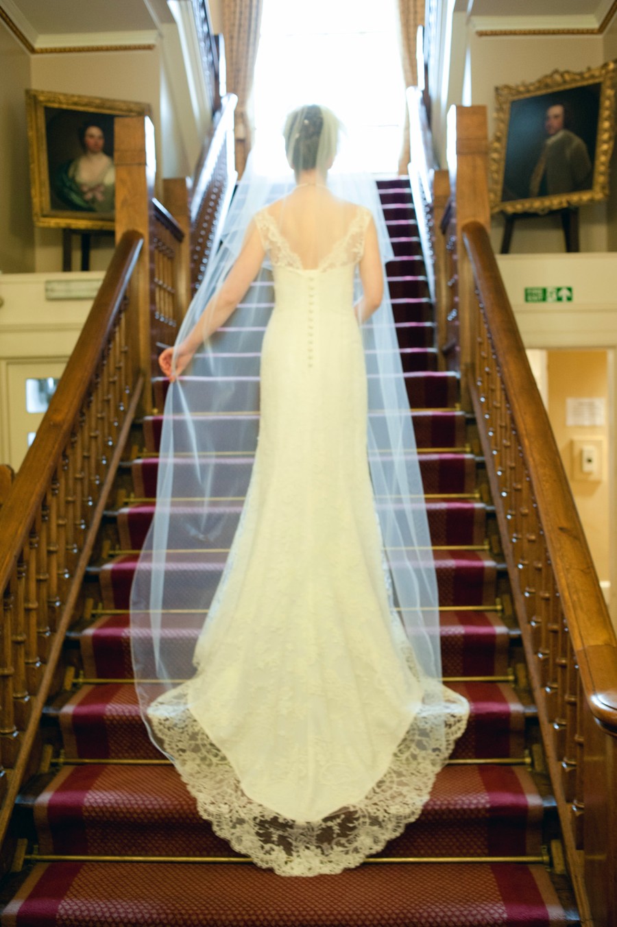  Jessica in ivory lace dress stairs
